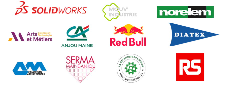 Nos sponsors : SolidWorks, Mouv'Industrie, Norelem, Arts et Métiers, Crédit Agricole Anjou Maine, Red Bull, Diatex, Fondation Arts et Métiers, Serma Maine-Anjou, La Mécanique de l'Oudon